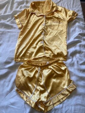 Fake Satin Yellow Pajama Set - Short Sleeve Button Top & Shorts